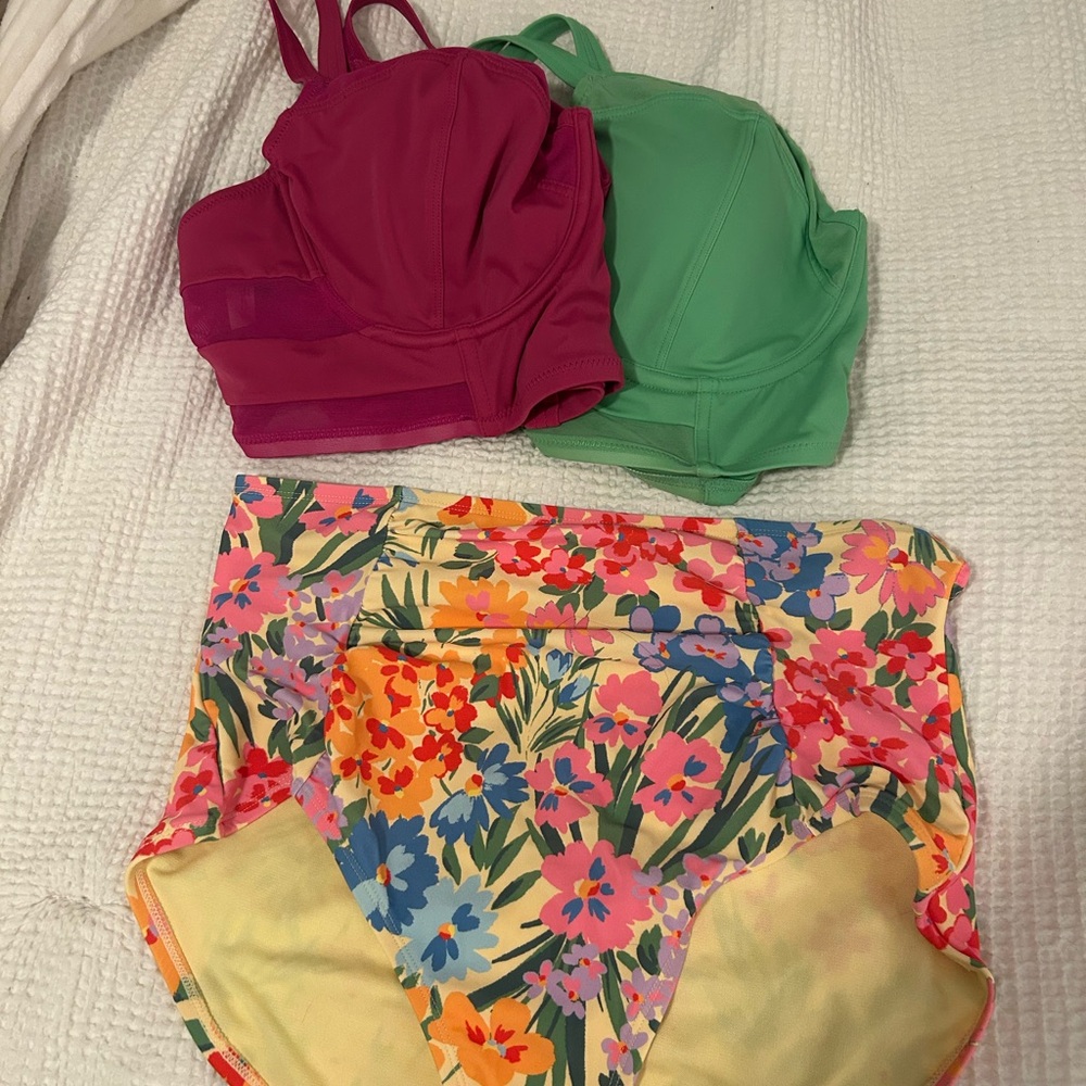 Adore Me Floral High-Waist Bikini Bottoms with Magenta and Green Bikini Tops